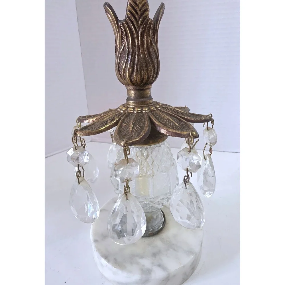 2 Vintage Hollywood Regency Italian Marble Brass Crystal Prism Candlesticks